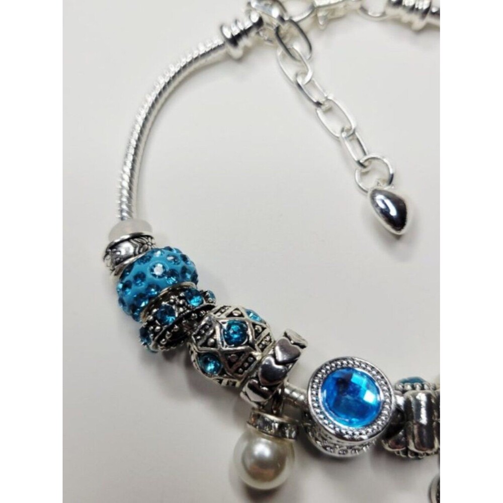 Pandora Style Silver Color Charm Bracelet Pastel Heart Dangle Rhinestones XL - Picture 4 of 6